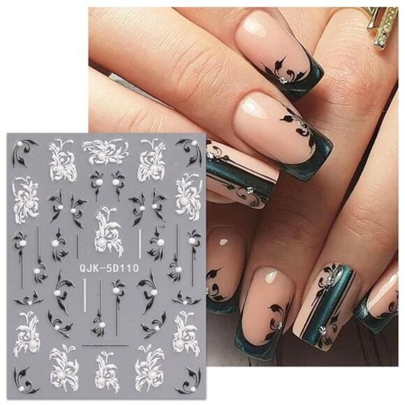 3D Embossed Flower Black White Nail Art Stickers 4 Sheets - Picture 5 of 8